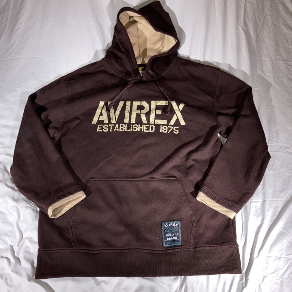 Avirex Men’s Dark Brown Kangaroo Pocket Preppy Cotton Blend Hoodie